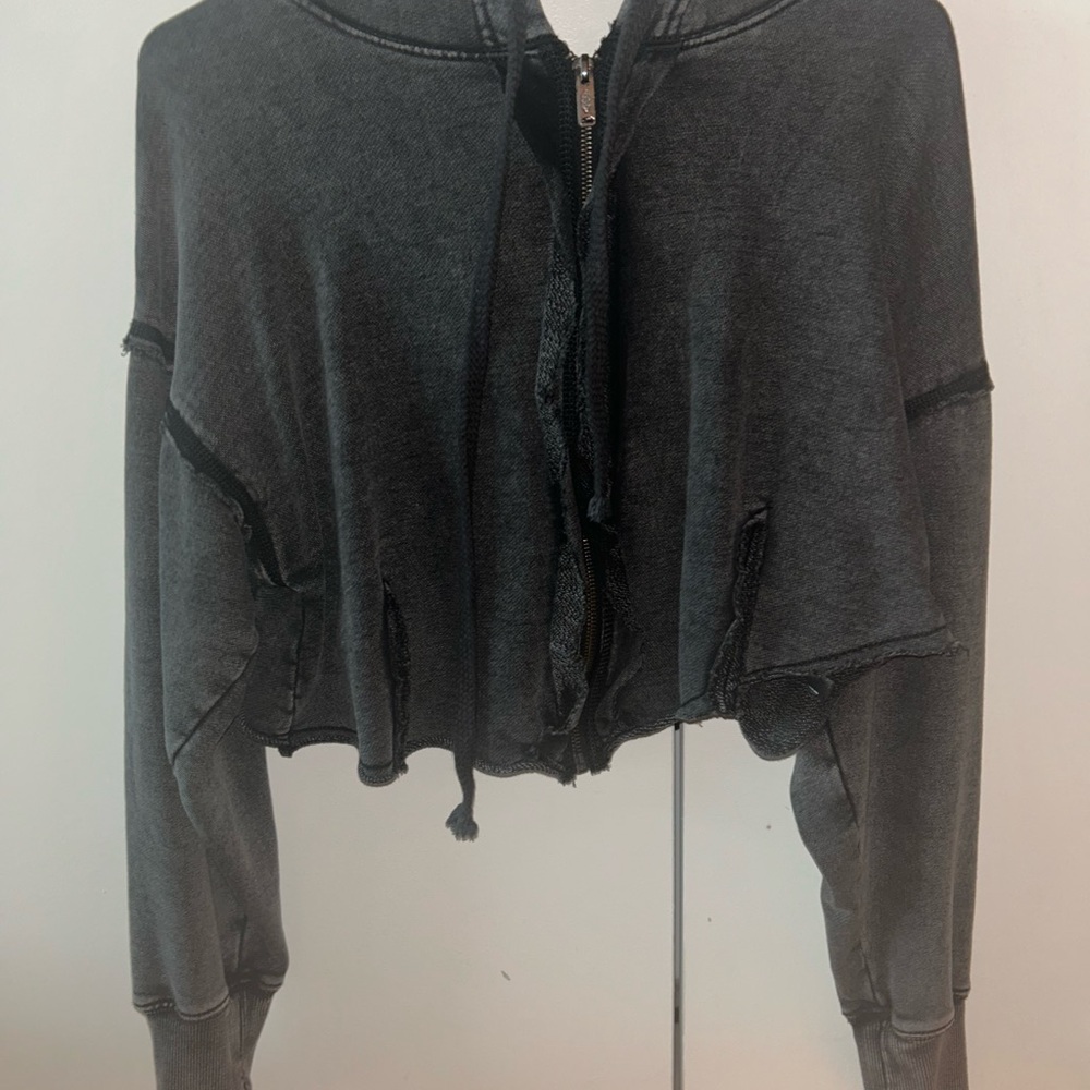Black Free People Cropped Zip-Up Hoodie